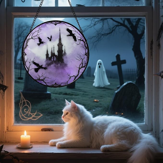 CRISGIF Stained Glass Window Hanging - Halloween Gothic Castle Purple Smoke Suncatcher for Doors Garden Home Spooky Crow Sun Catchers Gothic Decor Horror Gift for Women Men Friend Boy Girl 11.8 in
