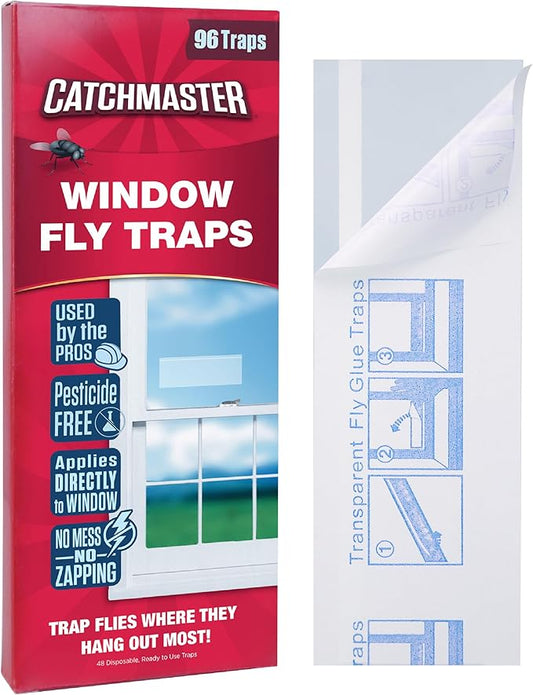 Catchmaster Window Fly Traps 96-Pack, Fruit Fly Traps for Indoors, Disposable Bulk Bug Catcher, Waterproof Insect Glue Trap, Adhesive Strips, Pest Control for Home, Kitchen, & Garage