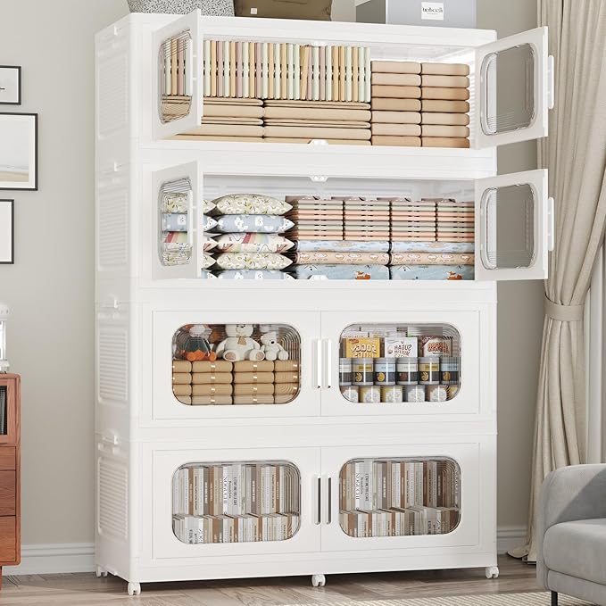 800QT Large Stackable Storage Bins with Lid, 200Gal Plastic Collapsible Closet Organizers Drawers Box with Wheels, Folding Cabinet Containers with Doors for Home Kitchen Office, 4Pack White