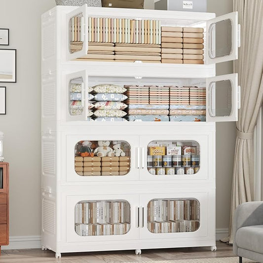 800QT Large Stackable Storage Bins with Lid, 200Gal Plastic Collapsible Closet Organizers Drawers Box with Wheels, Folding Cabinet Containers with Doors for Home Kitchen Office, 4Pack White