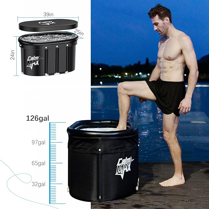 CalmMax Oval Ice Bath 2.0 with Inflatable Neck Rest Ring for Athletes XL Portable Cold Plunge Tub for Cold Water Therapy Ice Baths at Home - 140 Gal Capacity（IB003, Black