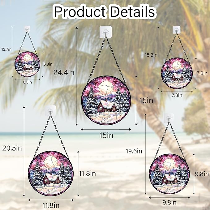 AMDERVEN Stained Glass Window Hanging - Winter Snow Scene Cabin Moon Sun Catcher for Door Garden Home Decor Pine Tree Suncatcher Christmas Mother's Day Birthday Gifts for Women Men Mom Nana 6.3 in