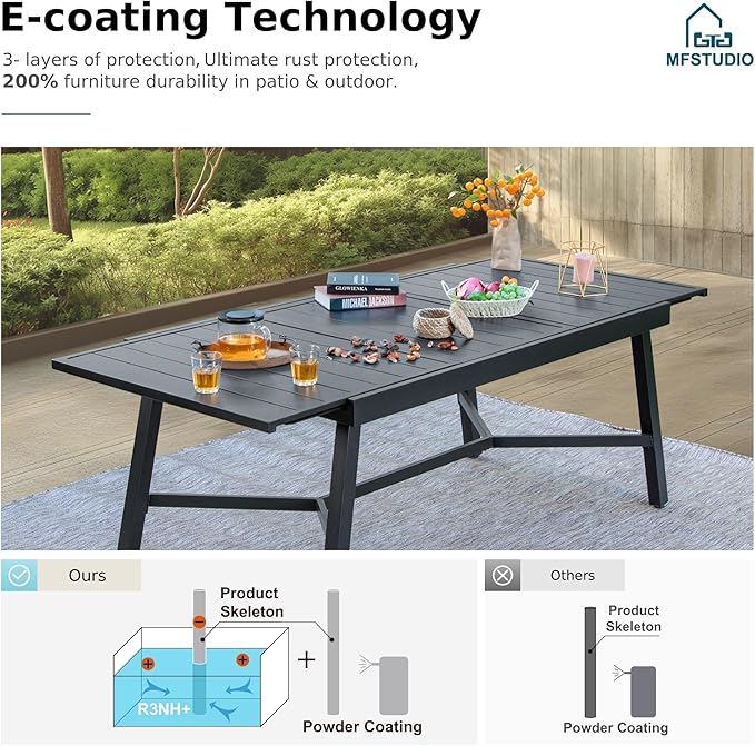 MFSTUDIO Outdoor Dining Expandable Table,Adjustable Outdoor Inclined Leg Rectangle Table for 6-8 Person Lawn,Garden,Black Metal Frame
