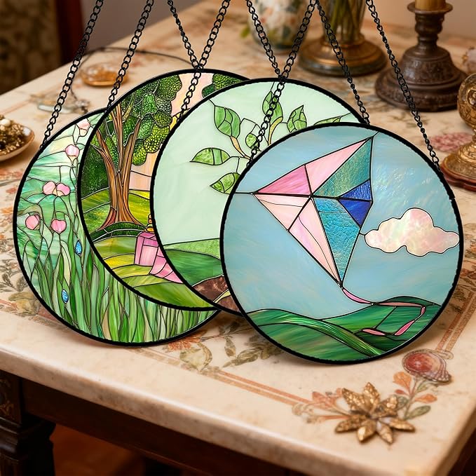 AMDERVEN Stained Glass Window Hanging 4 Pcs Set Pink Green Spring Saplings Flowers Large 15" - Suncatcher Door Garden Sun Catcher Home Decor Mother's Day for Woman Nana Mom Men