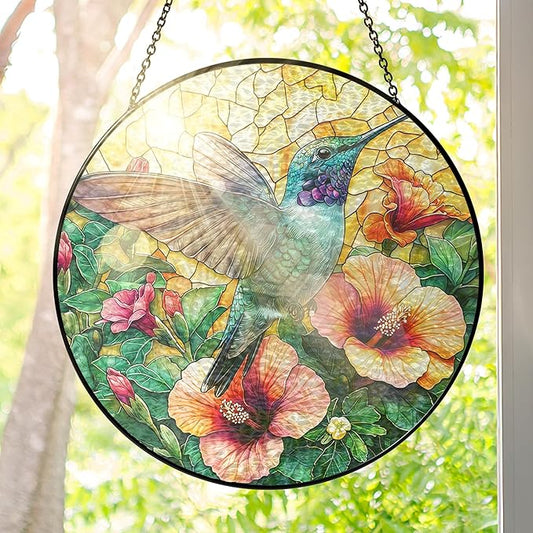 FLAGWIX Christmas Hummingbird Gifts for Women Men - Stained Glass Window Hanging 10 in - Sun Catchers Indoor Window for Home Decor, Hibiscus Hummingbird Suncatcher, Christmas Decorations