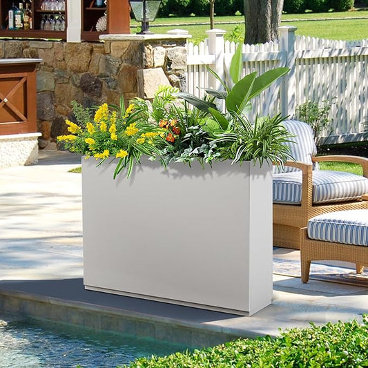 FENCY Metal Rectangular Planter Box - Large Tall Planters with Drainage Holes (35.4" L x 9" W x 25.6" H, White)