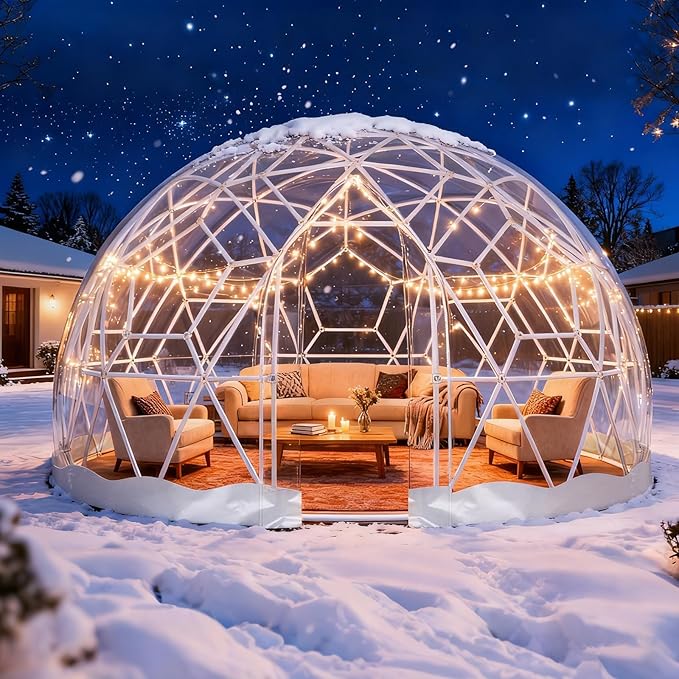 Garden Dome Tent 9.5*5.7FT, 360° View Geodesic Dome Greenhouse with PVC Clear Cover, Waterproof Garden Bubble Dome Tent House with 2 x 10M Light Strings for Outdoor, White