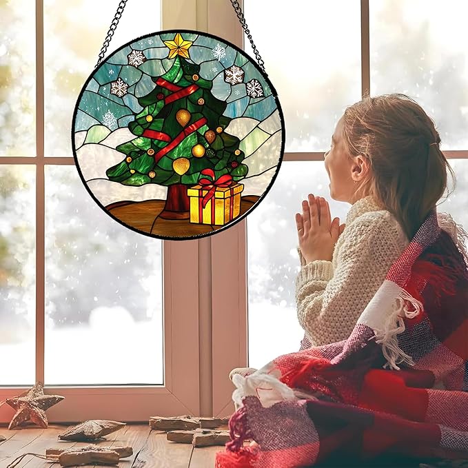 DASTOLL Stained Glass Window Hanging Green Christmas Tree Snowflake Large 11.8" - Suncatcher Door Garden Sun Catcher Xmas Holiday Decor Birthday for Mom Men Woman Friend Nana