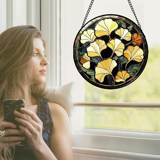 CRISGIF Stained Glass Window Hanging - Ginkgo Leaf Suncatcher for Doors Garden Patio Retro Fall Decor Sun Catchers Christmas Mother's Day Birthday Gifts for Women Men Mom Nana Friend 9.8 in