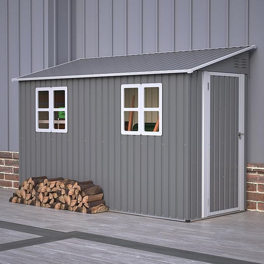 4X10 FT Outdoor Storage Shed W/ 2 Windows & Floor Frame,Lean to Shed W/Reversible Installation,Metal Garden Tool House W/Air Vents,Lockable Door & Sloped Roof,for Backyard Patio Lawn,Gray
