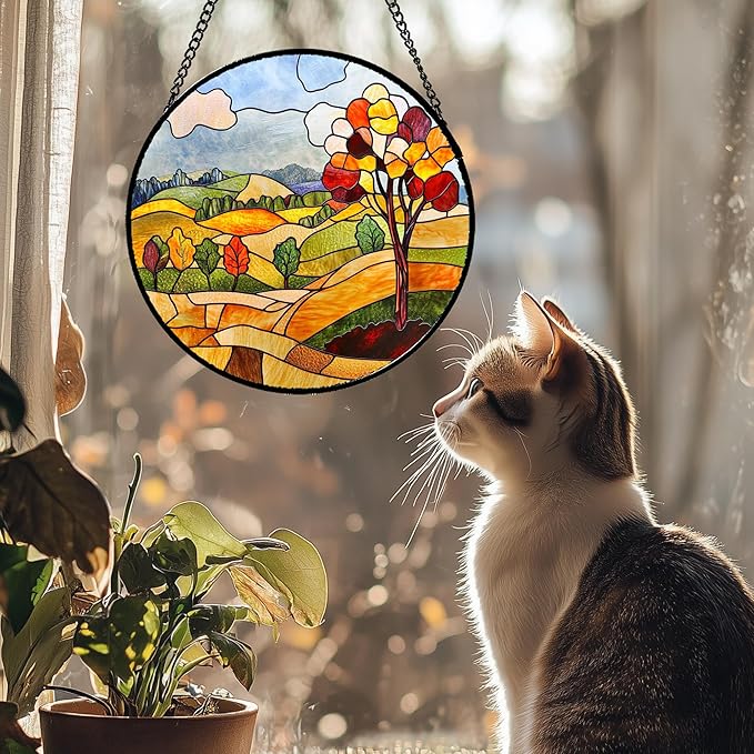 QZQCBLC Stained Glass Window Hanging Orange Mountains Trees Farm Landscape 7.8" - Suncatcher Door Garden Sun Catcher Home Decor Birthday Christmas for Mom Men Woman Friend