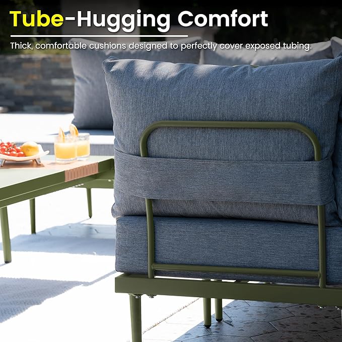 Sundale Outdoor 5 Pieces Metal Patio Furniture Set, Outdoor Sectional Sofa w/6 Inch Olefin Cushion and Coffee Table, Modern Outdoor Conversation Sets (4 Seats, Green Frame)
