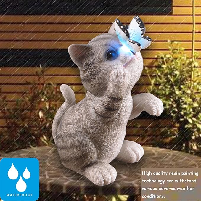 halp·ssfm Cat Garden Statue Outdoor Solar Decorations Butterfly Light Figurine Color Changing LED Lights Resin Sculpture Art Decor Patio Lawn Yard Housewarming Gifts for Women Grandma Mom