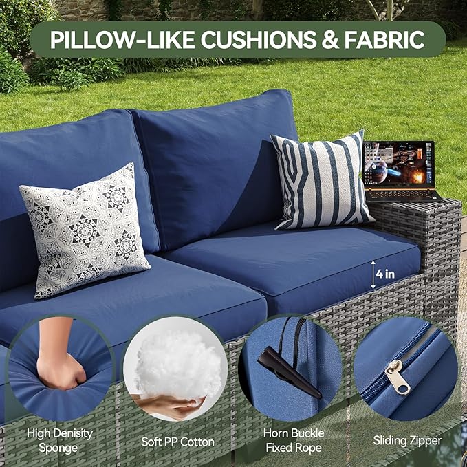Aoxun Outdoor Patio Furniture Set with 44'' Fire Pit Table, 7 Pcs Outdoor Patio Furniture Sets with 4in Thicken Cushion, Widen Armrests Wicker Outdoor Sectional for Backyard (Waterproof Cover Include)