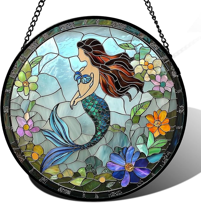 JOSUMALY Stained Glass Window Hanging - Light Blue Mermaid Suncatcher for Door Terrace Garden Home Decor, Ocean Flowers Sun Catcher Birthday Gifts for Lovers Women Men Dad Mom Nana 15 in