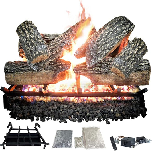 30" Premium Gas Logs - Remote Control Kit Included - for Natural Gas Vented Fireplaces - Blazing Oak Design (Logs + Remote Light Kit)