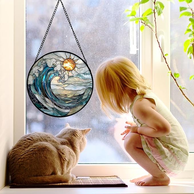 DASTOLL Stained Glass Window Hanging, Blue and White Waves Suncatcher Diamond Glass Panel Landscape Sun Catchers Decor for Birthday for Women, Men, Wife, Aunt, and Mom 11.8x11.8 in