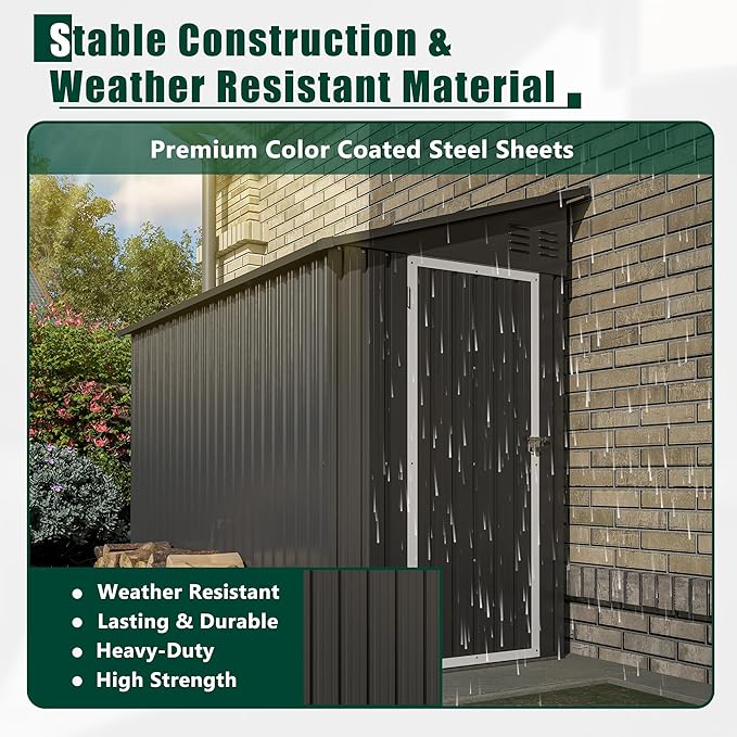 8x4 FT Outdoor Storage Shed, Metal Shed with Lockable Door, Sloping Roof, All-Weather Lean to Resin Shed for Garden, Backyard, Patio, Lawn (Black)