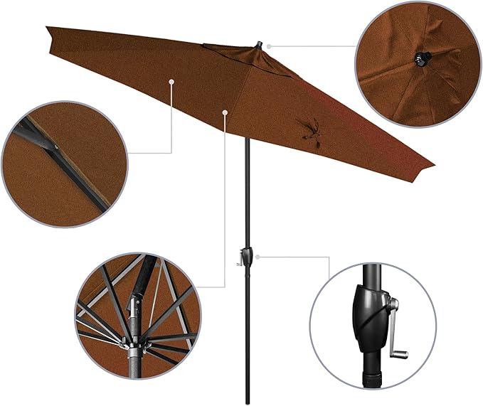California Umbrella 9' Rd Aluminum Patio Umbrella, Crank Lift, Auto Tilt, Black Finish, Sunbrella Teak