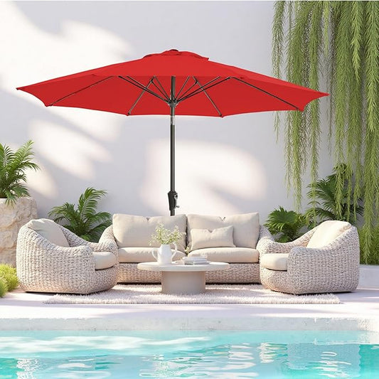 9FT Large Outdoor Patio Umbrella Market Table Umbrella-UV Resistant, Easy Push Button Tilt and Crank, 8 Sturdy Ribs Heavy-Duty Pool Umbrella for Deck,Red