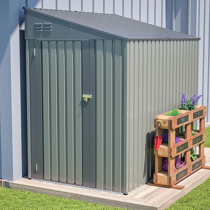 4x7 FT Metal Outdoor Storage Shed, Lean-To Garden Tool and Bike Shed with Lockable Door and Air Vents, Waterproof Sloped Roof Steel Utility Shed for Backyard, Patio,Lawn Equipment, Olive Gray
