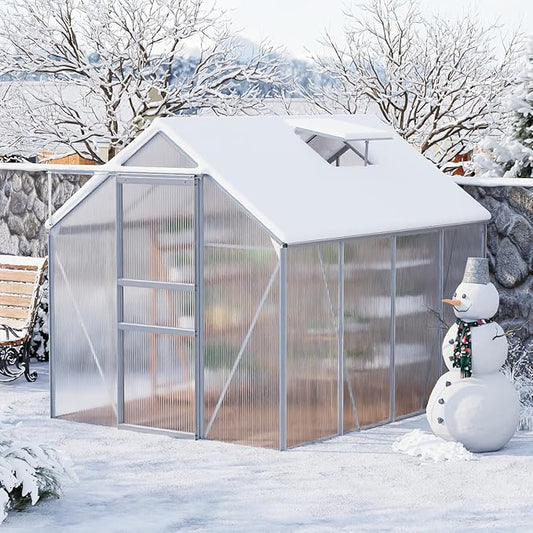 GarveeHome 6 x 8 FT Polycarbonate Greenhouse, Winter Greenhouses for Outdoors with Aluminum Frame, Sliding Door, Adjustable Roof Vent, Backyard Green Houses, Patio Garden, Silver