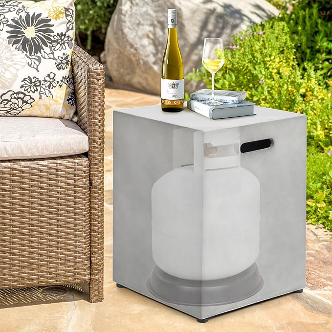 Propane Tank Cover Table, Modern Outdoor Gas Tank Covers, 16 X 20inch Square Concrete Tank Storage Box Hideaway Table for Propane Gas Fire Pit, Tank Holder with Handles (Gray)