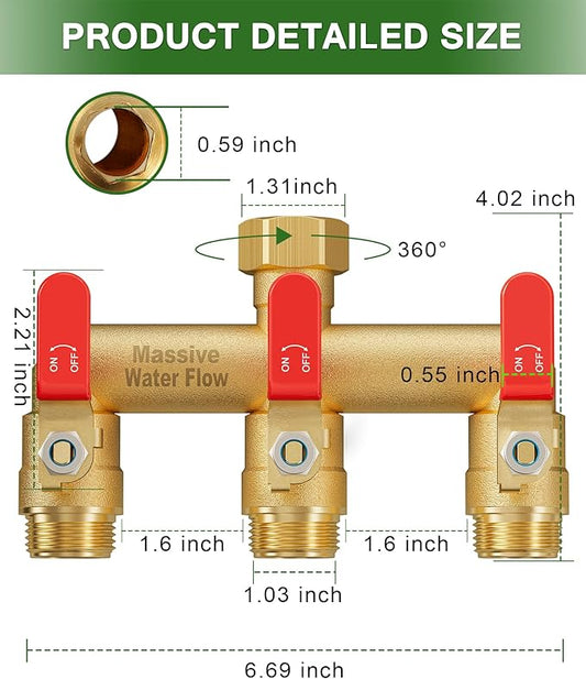 3 Way Hose Splitter, Heavy Duty Full Flow Garden Water Hose Bib Spigot Splitter, Brass Rust and Freeze Resistant Outdoor Faucet Splitter, T Adapter Connector with 3/4 - Inch GHT Thread （Red）