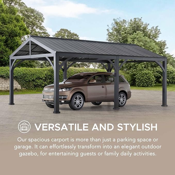 SUNJOY Carport 14 ft. x 20 ft. Hardtop Gazebo Heavy Duty Garage Car Shelter with Brown Powder-Coated Steel Roof/Black Frame and 2 Ceiling Hooks, Shade for Backyard, Patio Lawn and Garden