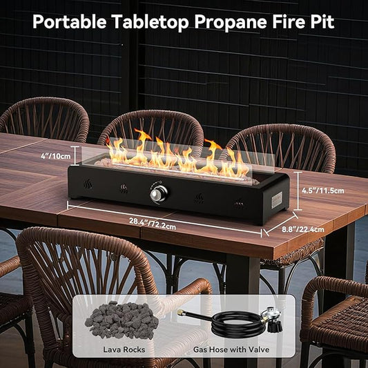 Onlyfire 28'' Tabletop Fire Pit, Outdoor Propane Gas Firepit Side-Mounted for Most Tables, Glass Wind Guard and Lava Rock, Rectangular Smokeless Fire Table Top Fireplace