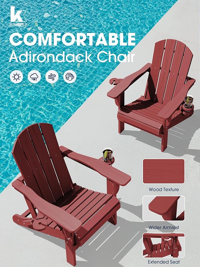 KINGYES Folding Adirondack Chair Set of 6, Dual Cup Holders & All-Weather HDPE, Wood-Like Patio Chair for Backyard, Camping, Pool & Fire Pit, Dark Red