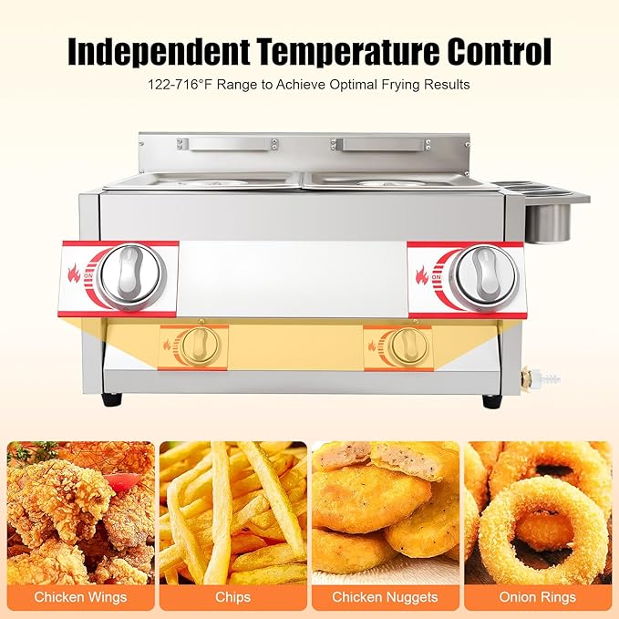 LYNICESHOP Stainless Steel Countertop Gas Fryer, Commercial LPG Gas Deep Fryer with 2 Basket Propane LPG Oil Frying Pot Kitchen Frying Machine Snack Fryer For French Fries Restaurant Home Kitchen