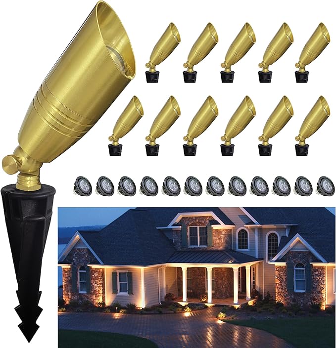 Brass Outdoor Spotlights,12V Low Voltage Landscape Lighting with MR16 LED Bulb,Waterproof Landscape Spot Lights for Yard,Garden,Lawn,Tree (12-Pack with Bulb)