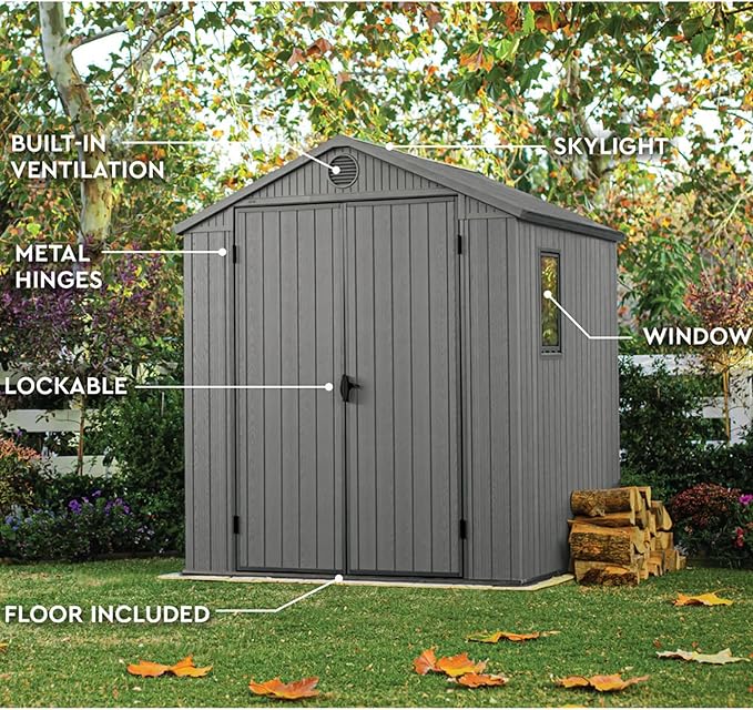 Keter Darwin 6 x 6 Foot Spacious Heavy Duty Outdoor Storage Shed for Organizing Garden Accessories and Tools with Double Doors and High Ceiling, Gray