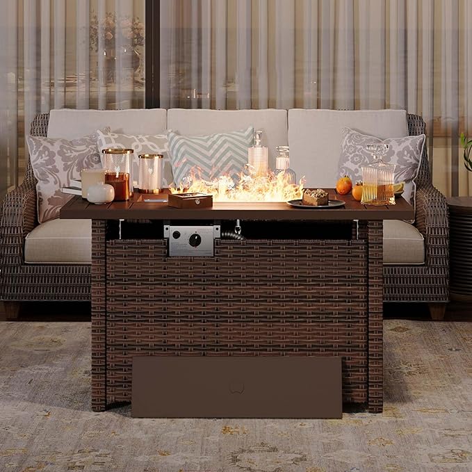 Aoxun 44" Propane Fire Pit with Storage 50,000 BTU Outdoor Wicker Fire Table CSA Certified Patio Rectangular Gas Fire Pit Table with Firepit Lid and Waterproof Cover