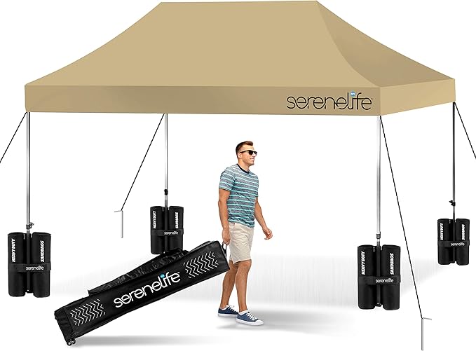 Pop Up Canopy Tent 10x15 - Commercial Instant Shelter Foldable/Collapsible Sun Shade Canopy Pop Up Tent w/Waterproof Tent Top, Portable Carry Bag & Sand Bag - SereneLife SLGZ15K (Khaki)