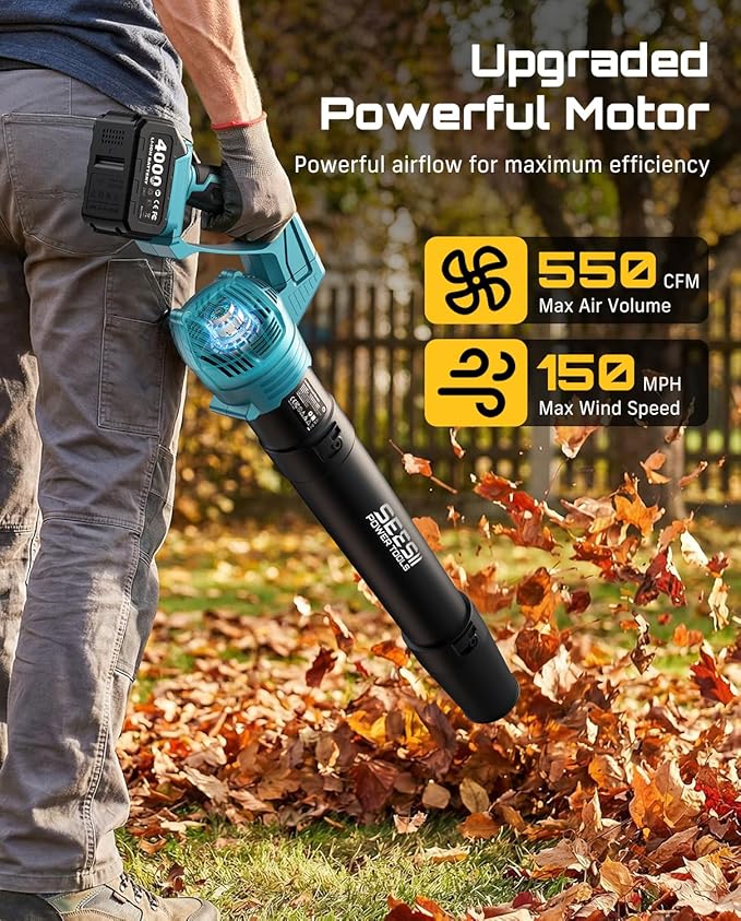 SEESII Leaf Blower Cordless, Rotated 180° Electric Leaf Blower with 2 * 4.0Ah Batteries and Charger, 550CFM 150MPH Lightweight Blower with 5 Speed Mode for Lawn Care, Yard, Patio & Outdoor Use
