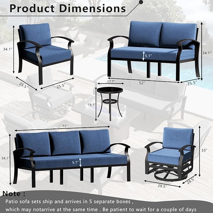 Aluminum Patio Furniture Set with Fire Pit Table, 6 Seats Outdoor Patio Conversation Sets with Swivel Chair Modern Metal Patio Sectional Sofa with Upgrade Cushions for Patio, Backyard Navy