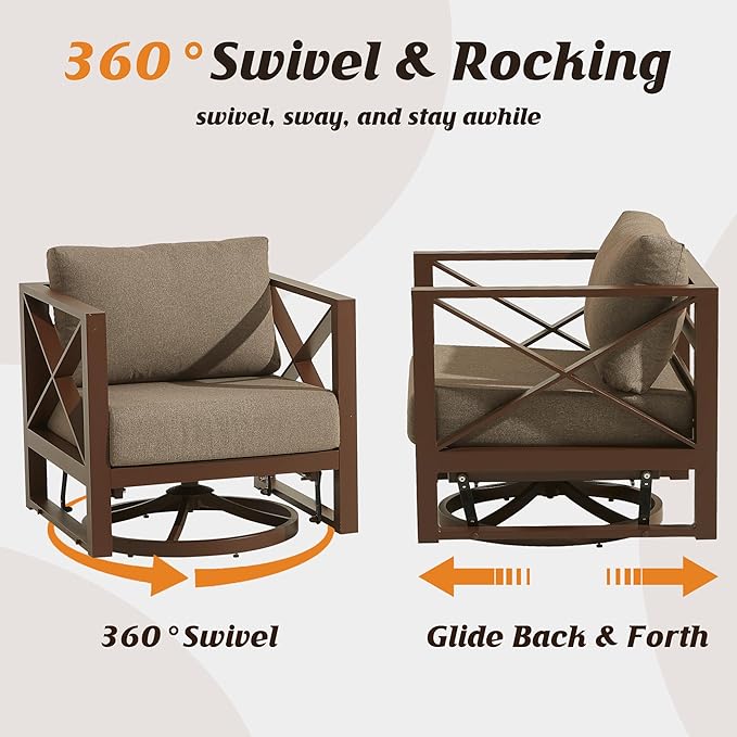 Aluminum Patio Furniture Set with Fire Pit Table,5-Seats Patio Sectional Conversation Sofa with 6" All-Weather Cushions and 2 Swivel Rocking Chairs,Outdoor Furniture Set(Brown)