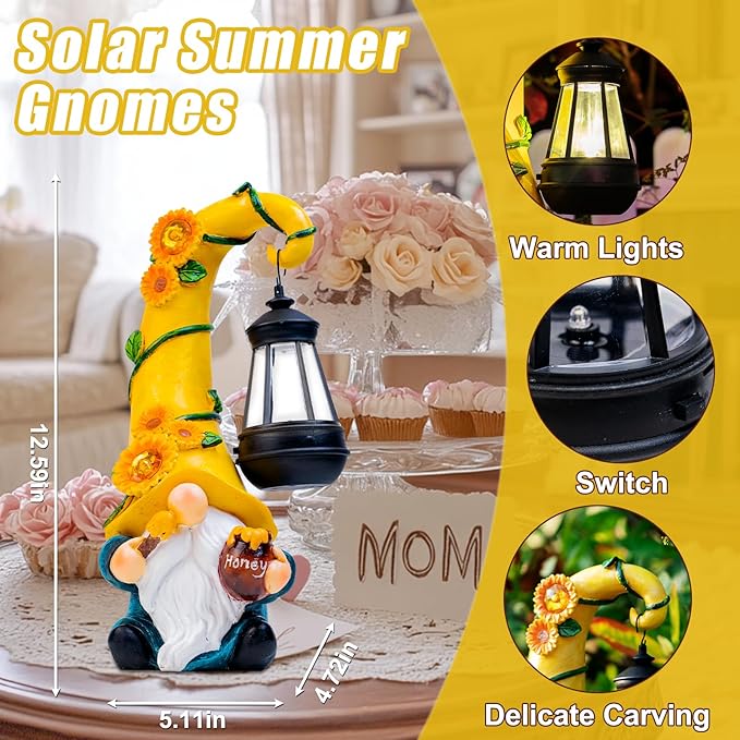 twinbling Mom Birthday Gifts-Garden Gnome Statue with Solar Lights Large Garden Sculptures Funny Triple Gnome Outdoor Patio Lawn Yard Garden Decor Gifts for Women Mom 12 in Spring Gnomes Outdoor