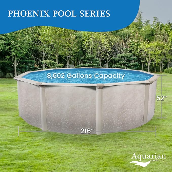 Aquarian Phoenix 18-Foot x 52-Inch Round Above Ground Swimming Pool – Easy to Assemble Backyard Family Water Recreation with Steel Frame & Metal Wall