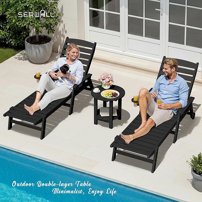 SERWALL Round Outdoor Side Table Set of 4, HDPE Small Adirondack Double End Table, Black