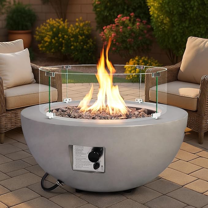 31.5 Inch Round Outdoor Propane Fire Pit Table,50000 BTU Concrete Fire Pit with Glass Wind Guard,CSA Certified,Includes Steel Lid & Weather Cover for Patio,Backyard,Deck Garden