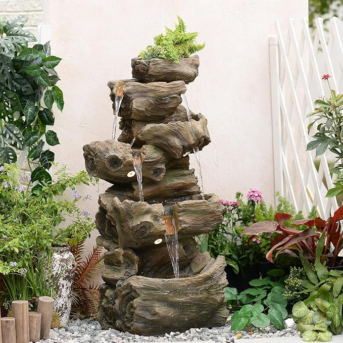 Bumilgar 40.6" H Wood-Like Water Fountain Indoor & Outdoor, 5-Tier Natural Cascading Waterfall with LED Light for Patio, Porch, Garden, Home Decor, Medium Wood