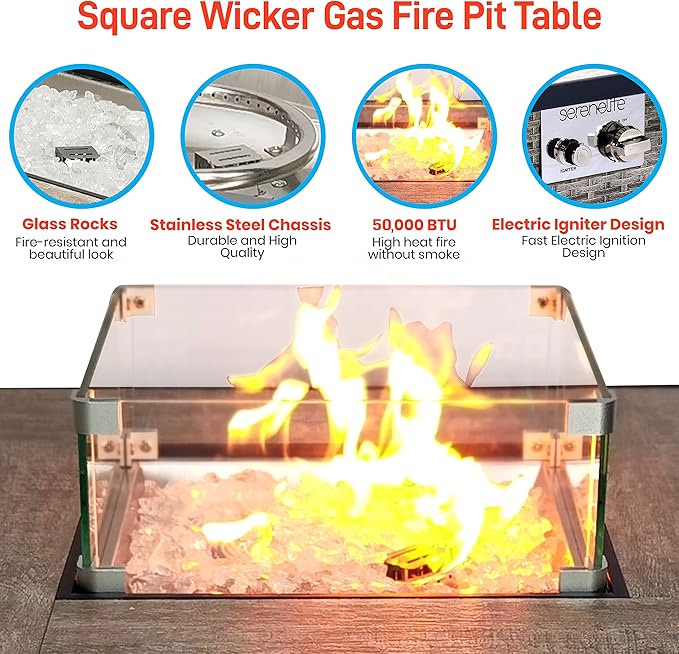 SereneLife 30” Outdoor Gas Fire Pit Table, 50,000 BTU Square Propane Firepit with Tile Top, Glass Rocks, Wind Guard, Weather-Resistant Wicker Base, Stainless Steel Burner, CSA Certified