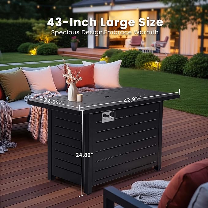 R.W.Flame 43-Inch Propane Fire Pit Table, 50,000 BTU Outdoor Gas Firepit with Waterproof Cover, Glass Stones, Removable Lid, Cup Holders, 2-in-1 Fire Table for Patio, Backyard, Garden, Black