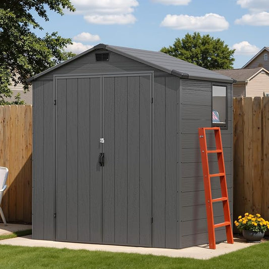 Devoko 6x4 FT Plastic Outdoor Storage Shed - Lockable Resin Tool Shed with Window & Floor - Easy Assembly for Garden, Backyard, Dark Gray