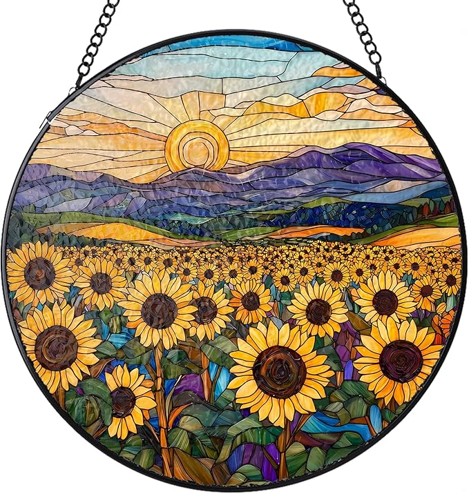 Stained Glass Window Hanging, Sunflowers Mountain Sun Stained Glass Suncatchers Indoor Windows Glass Panel Garden Hanging Decor Birthday for Women 6.3 in