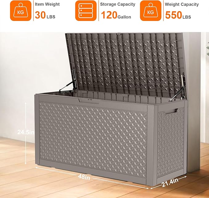 EasyUp 120 Gallon Outdoor Storage Box Waterproof, UV Resistant Resin Deck Box with Hydraulic Rod, Reinforced Stability for Patio, Garden, Quad Leaf Grey