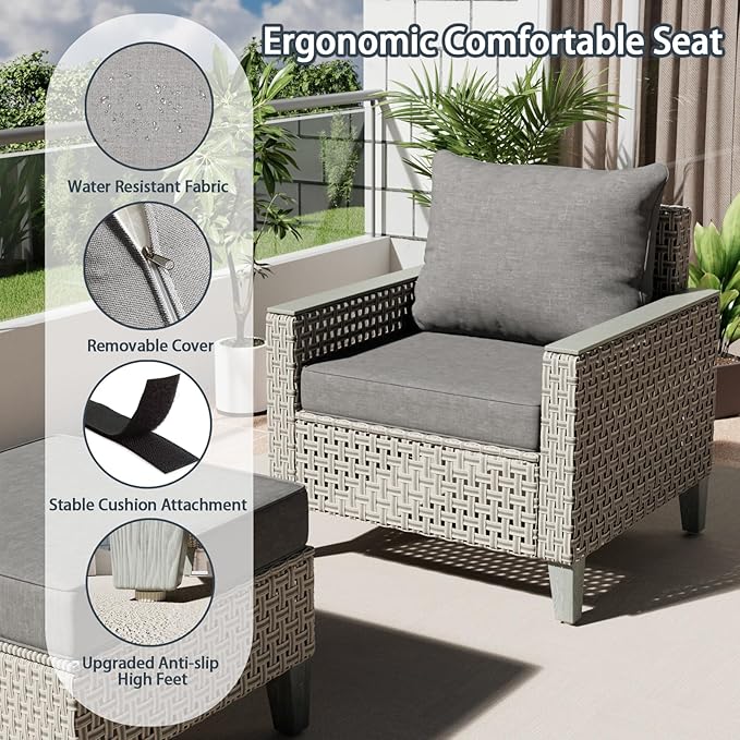 Outdoor Patio Furniture Set with Rattan Fire Pit Table 8-Piece Modular Wicker Sectional Sofa with Ottomans and Thick Cushions, Modern Rattan Outdoor Conversation Couch, Grey